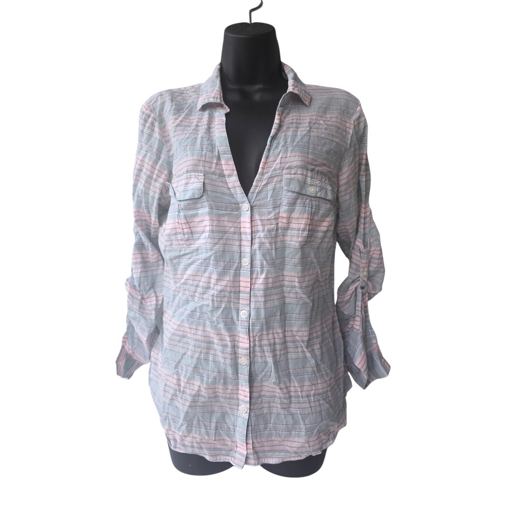 Columbia PFG Womens Medium Blue Pink Striped Roll Tab Sleeve Fishing Shirt M